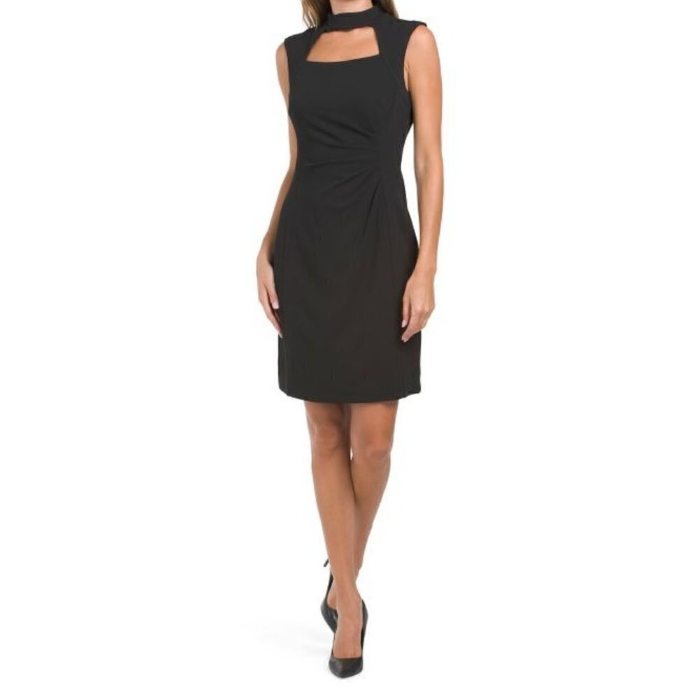 Tahari Womens Black Sleeveless Mock Neck Cut Out Ruched Sheath Dress Sz 14 New